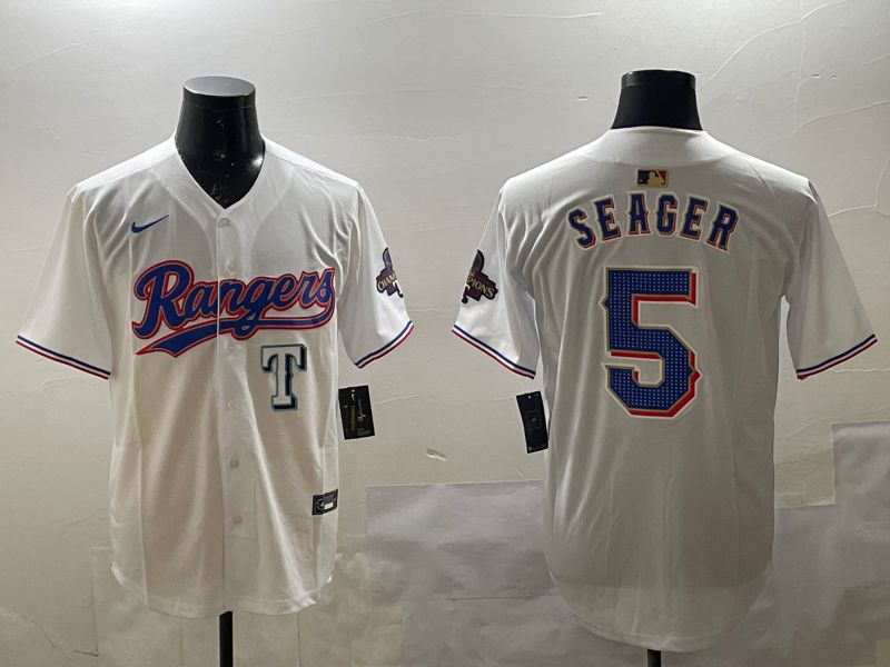 Men Texas Rangers 5 Seager White Gold Game 2025 Nike MLB Jersey style 1